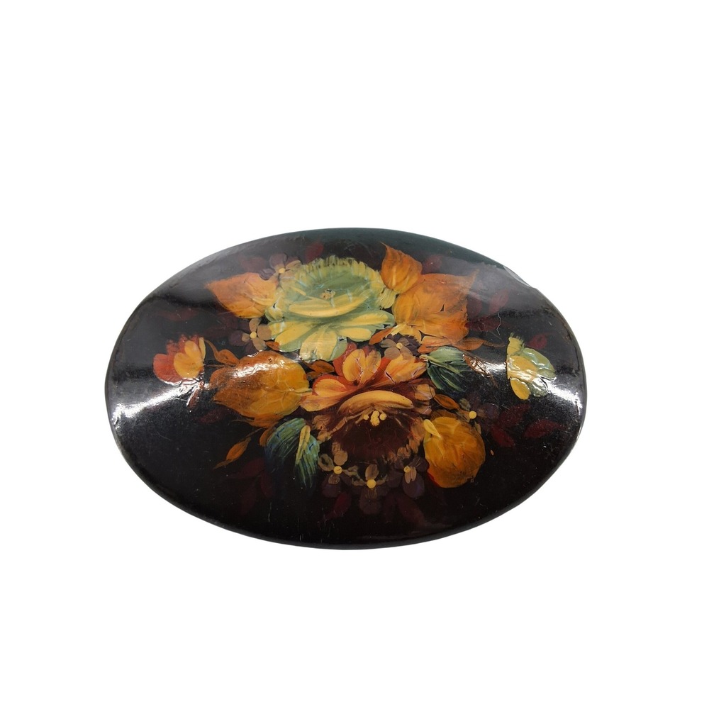 Vintage Russian Lacquer Brooch Hand Painted Floral Oval Gold Frame Pin